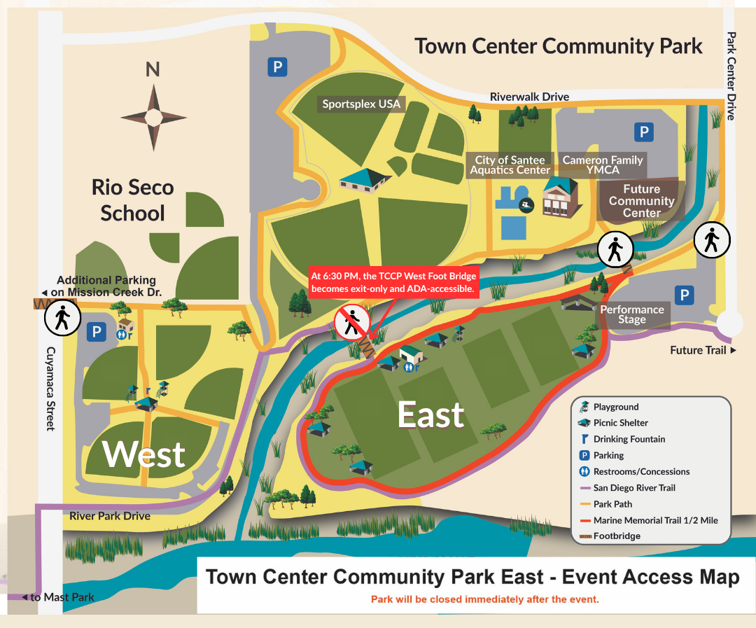 Map showing the access points to Town Center Community Park East.