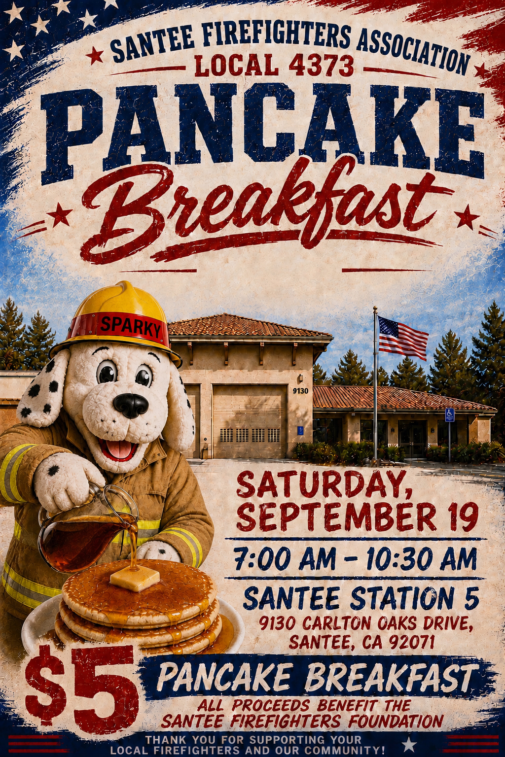 Santee Firefighter's Association Annual Pancake Breakfast flyer. Saturday, Sept. 19 from 7 - 10:30 AM at Santee Station 5. Tickets are $5.