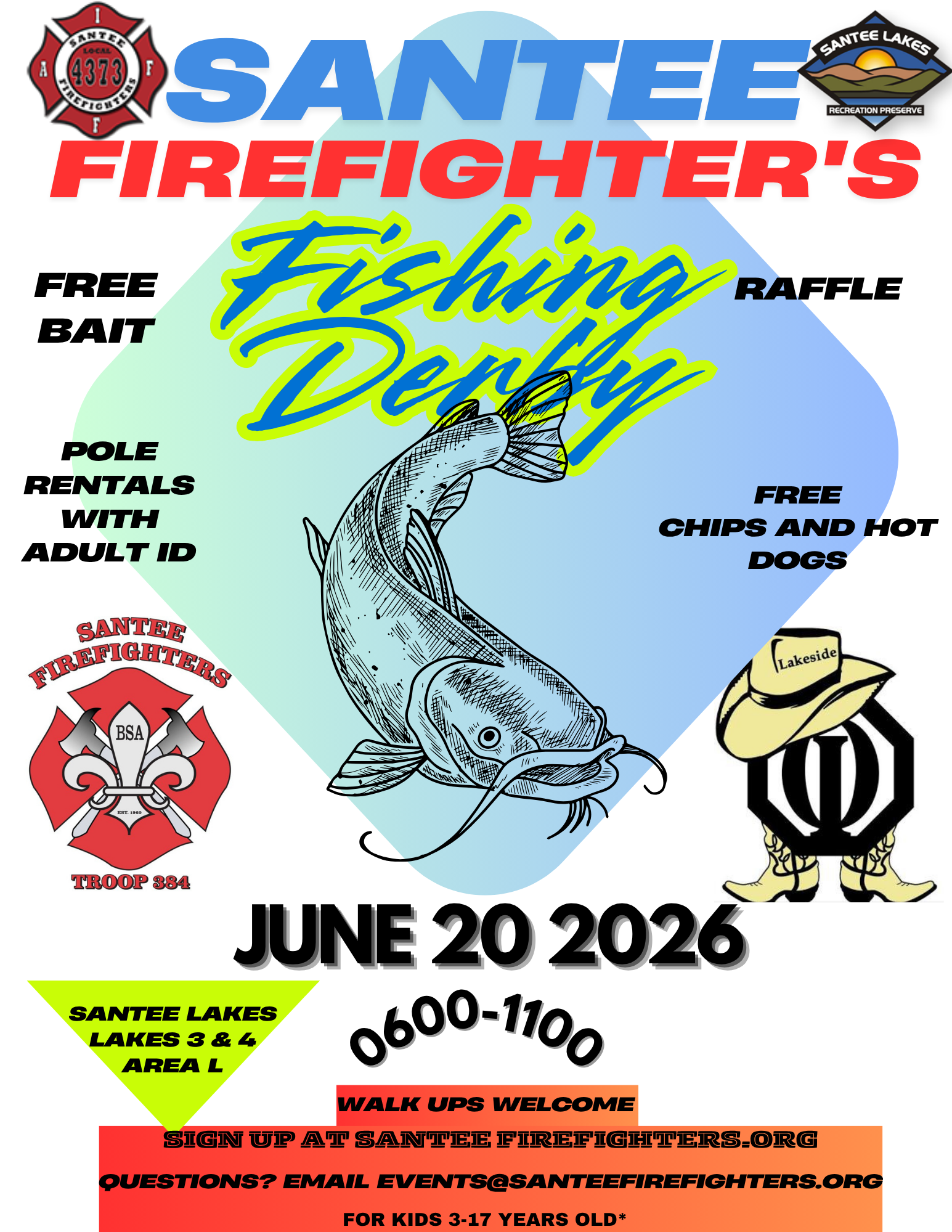 Promotional flyer for the Santee Firefighters Fishing Derby on June 20