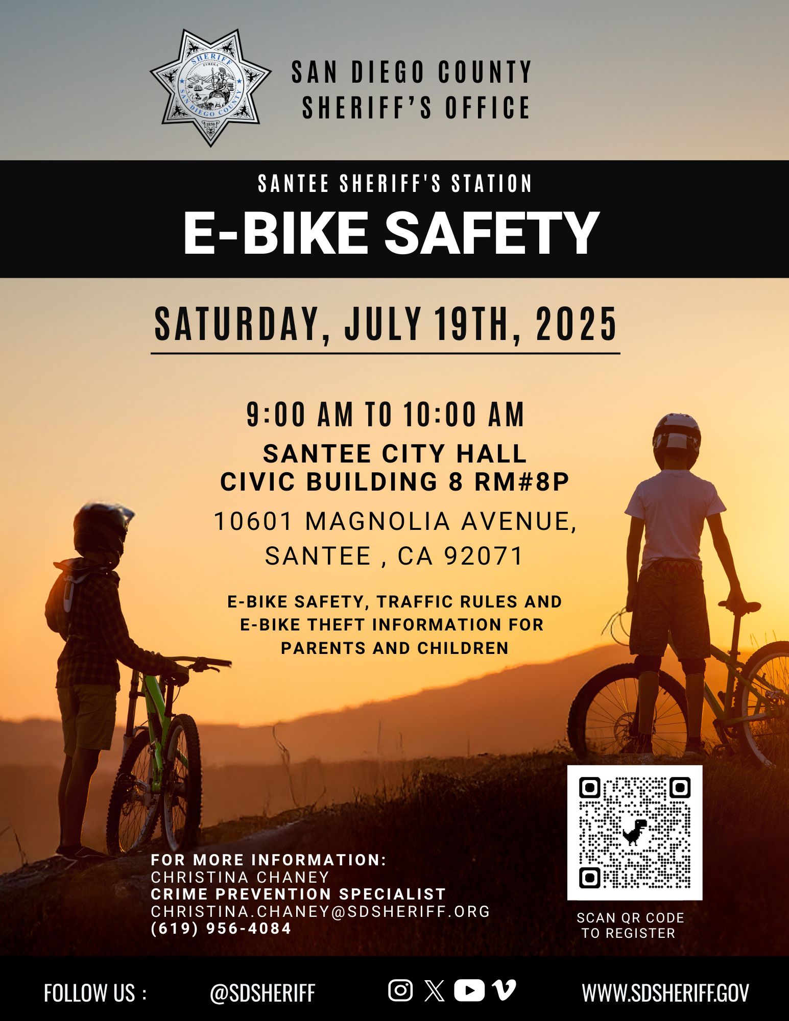 E-bike safety workshop at Santee City Hall, Building 8P from 9 - 10 AM on July 19th