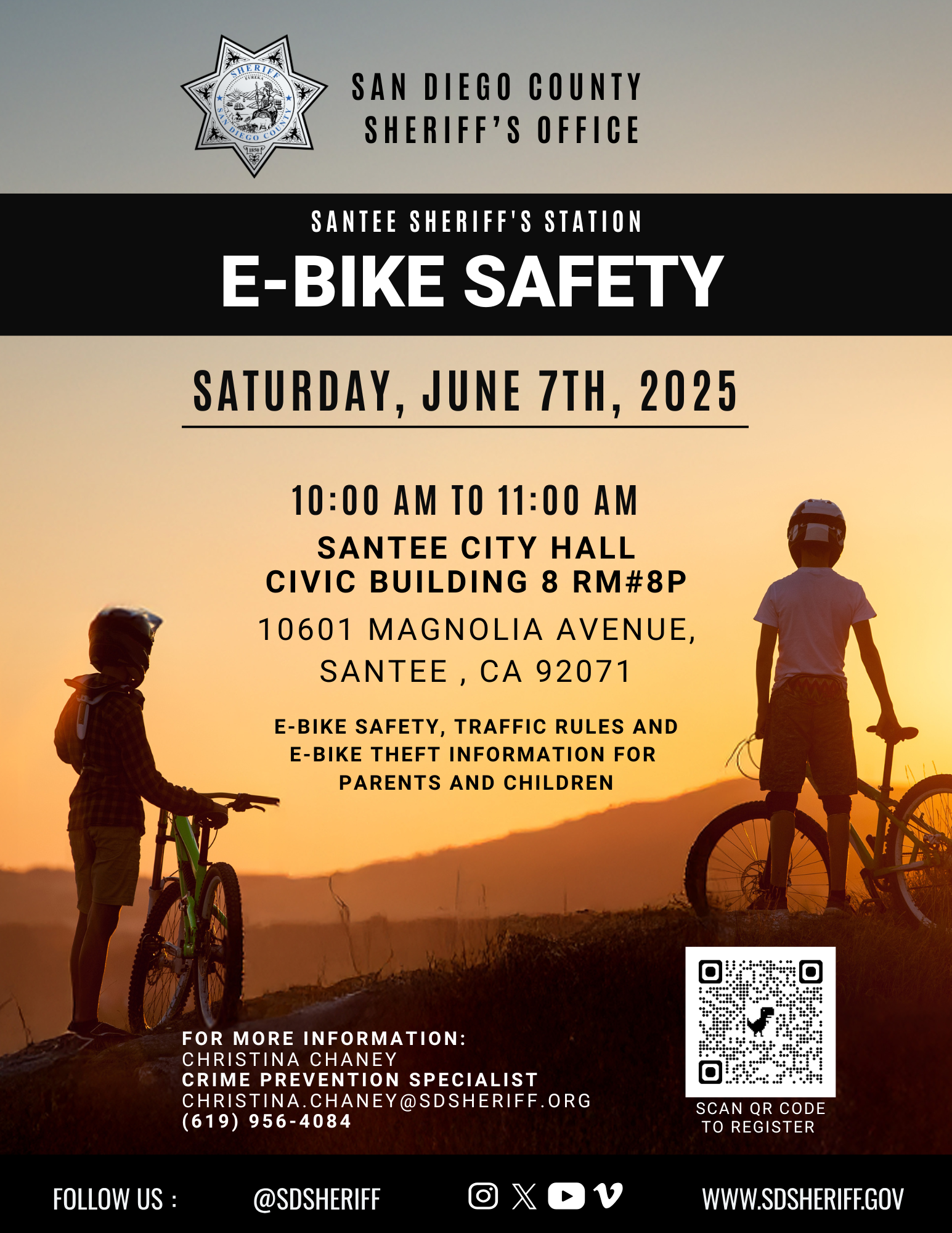 A flyer for the E-bike safety workshop at Santee City Hall hosted by the San Diego County Sherriff's Office