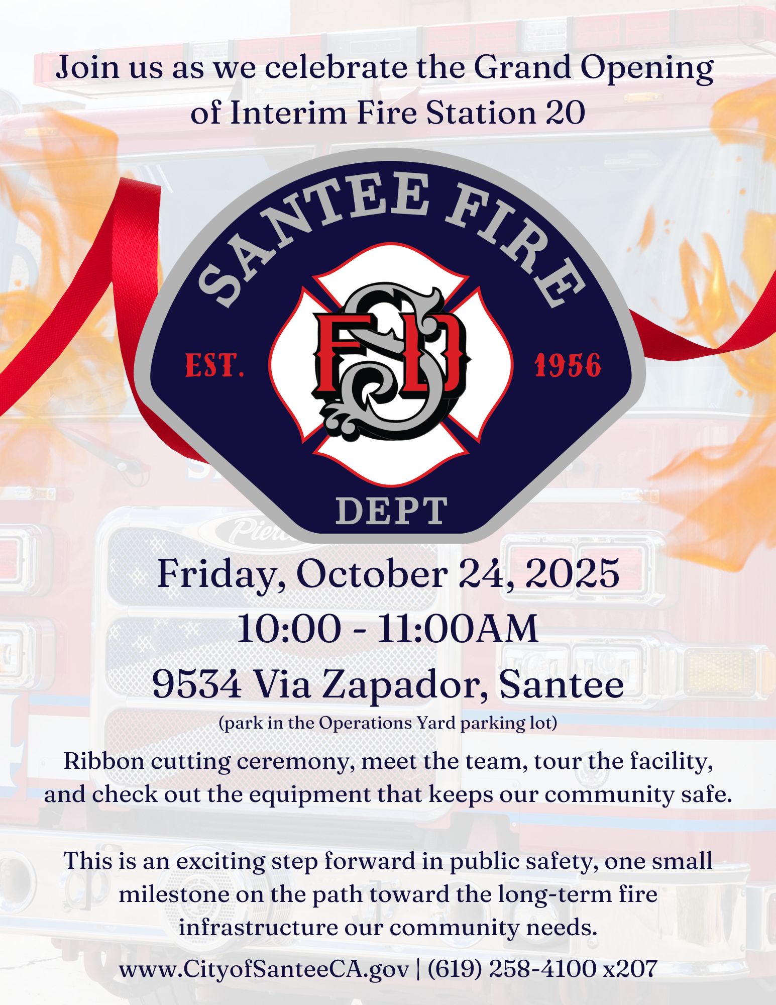Flyer for Interim Station 20 Ribbon Cutting on Friday, October 24th at 9534 Via Zapador from 10 - 11 AM