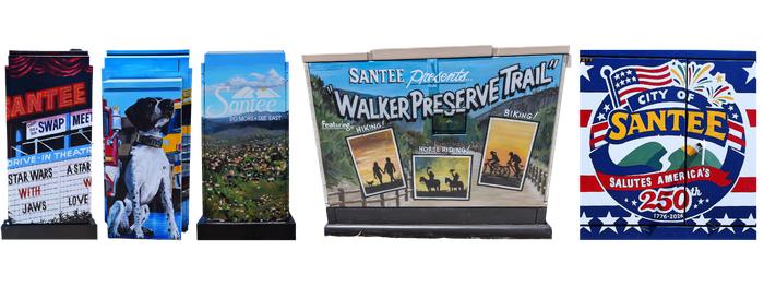 Fice Utility Boxes painted with Iconic Santee symbols such as the Santee Drive-In Marquee, Victor the Fire Rescue Dog and Walker Preserve Trail