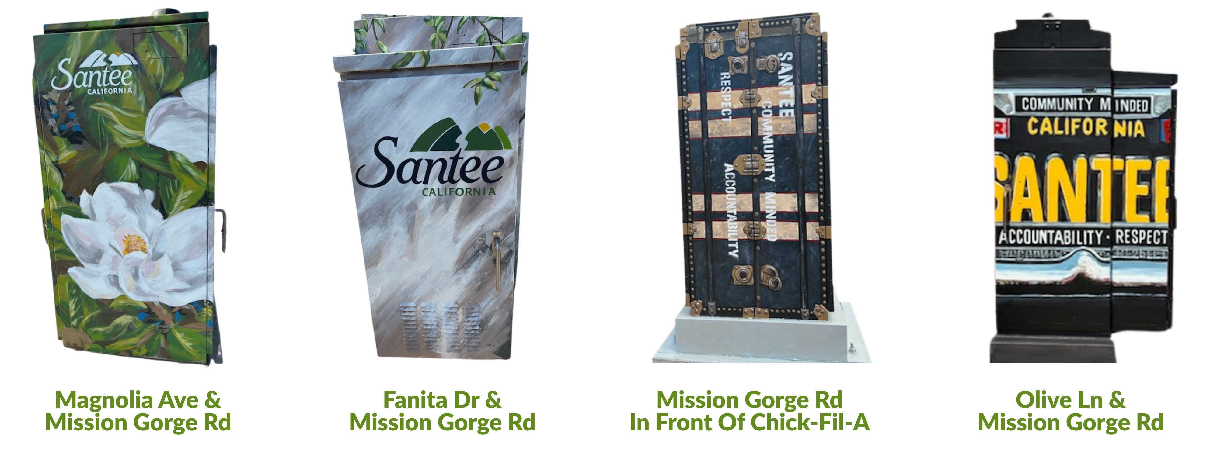 Four Utility Boxes painted with Iconic Santee symbols. Text reading Magnolia Ave & Mission Gorge Rd, Fanita Dr & Mission Gorge Rd, Mission Gorge Rd in front of Chick-Fil-A and Olive Ln, & Mission Gorge Rd. Describes where each of the four boxes are located. 