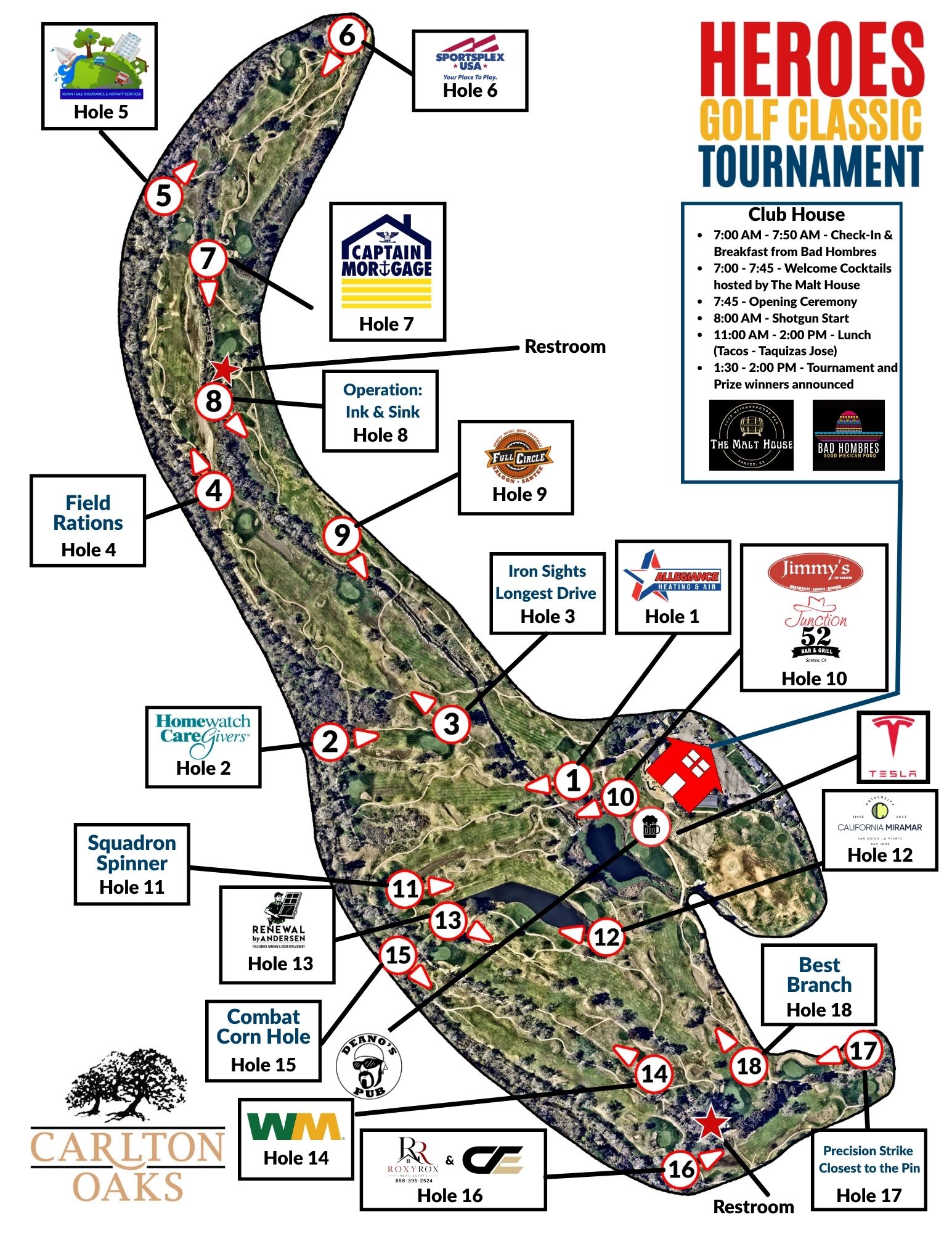 Ariel Map of the Carlton Oaks Golf Course showing the tee box and direction of play for each hole and sponsor logos on each hole.