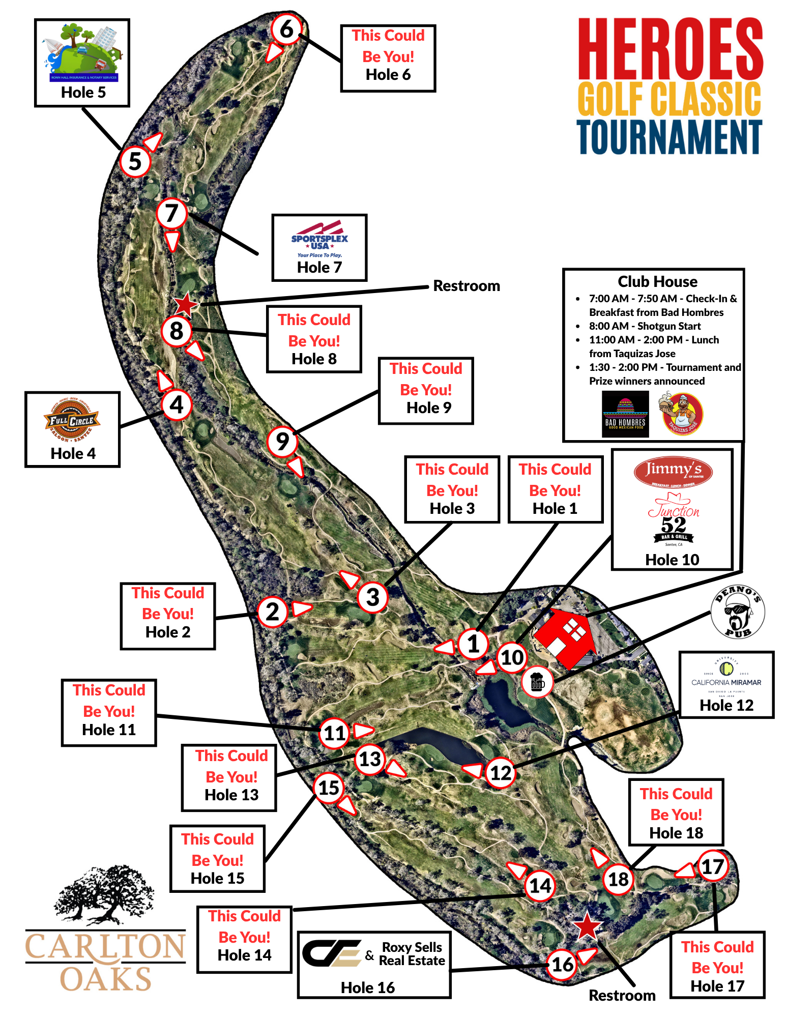 Ariel Map of the Carlton Oaks Golf Course showing the tee box and direction of play for each hole and sponsor logos on each hole.
