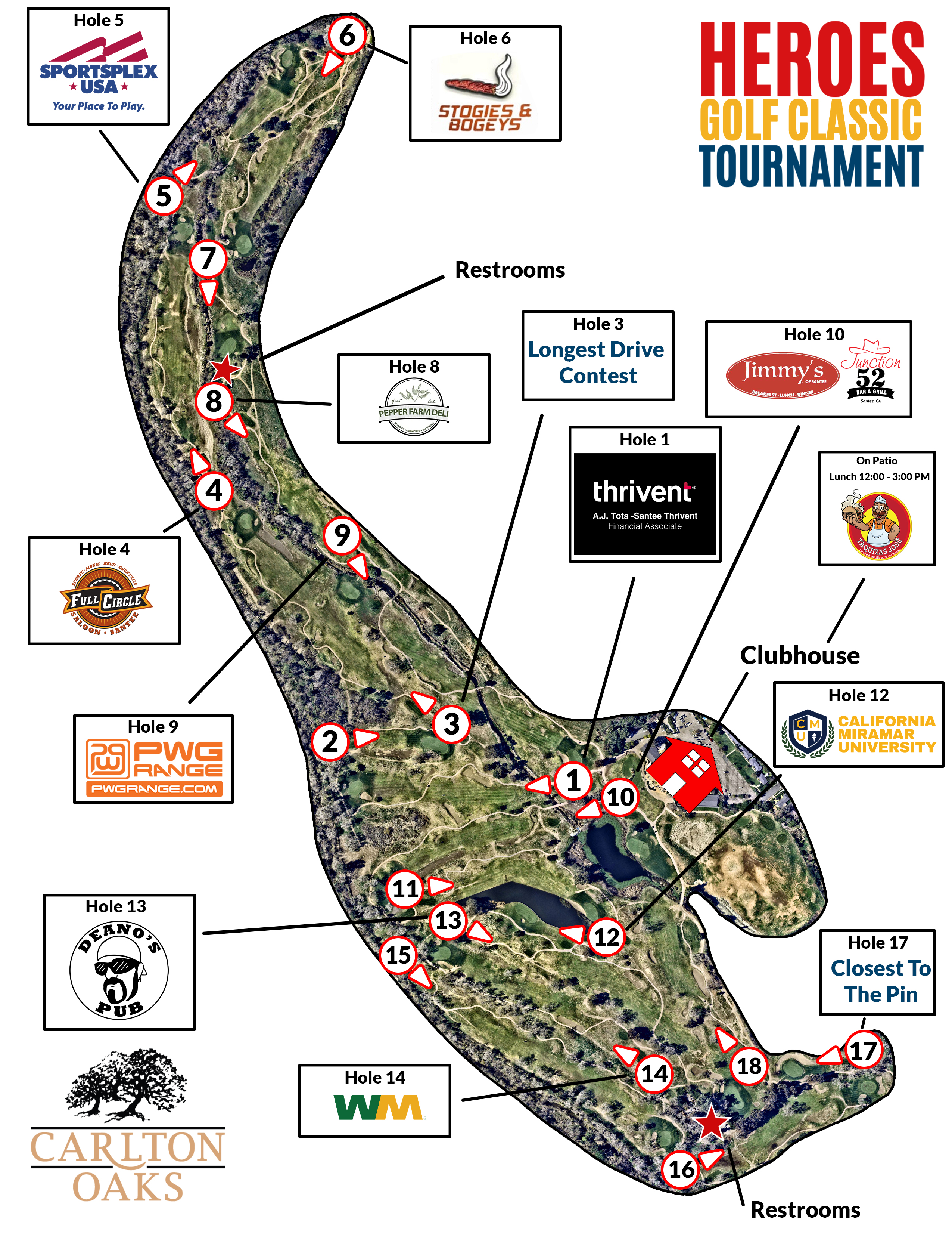 A map showing the club house and hole locations at the Carlton Oaks Golf Course