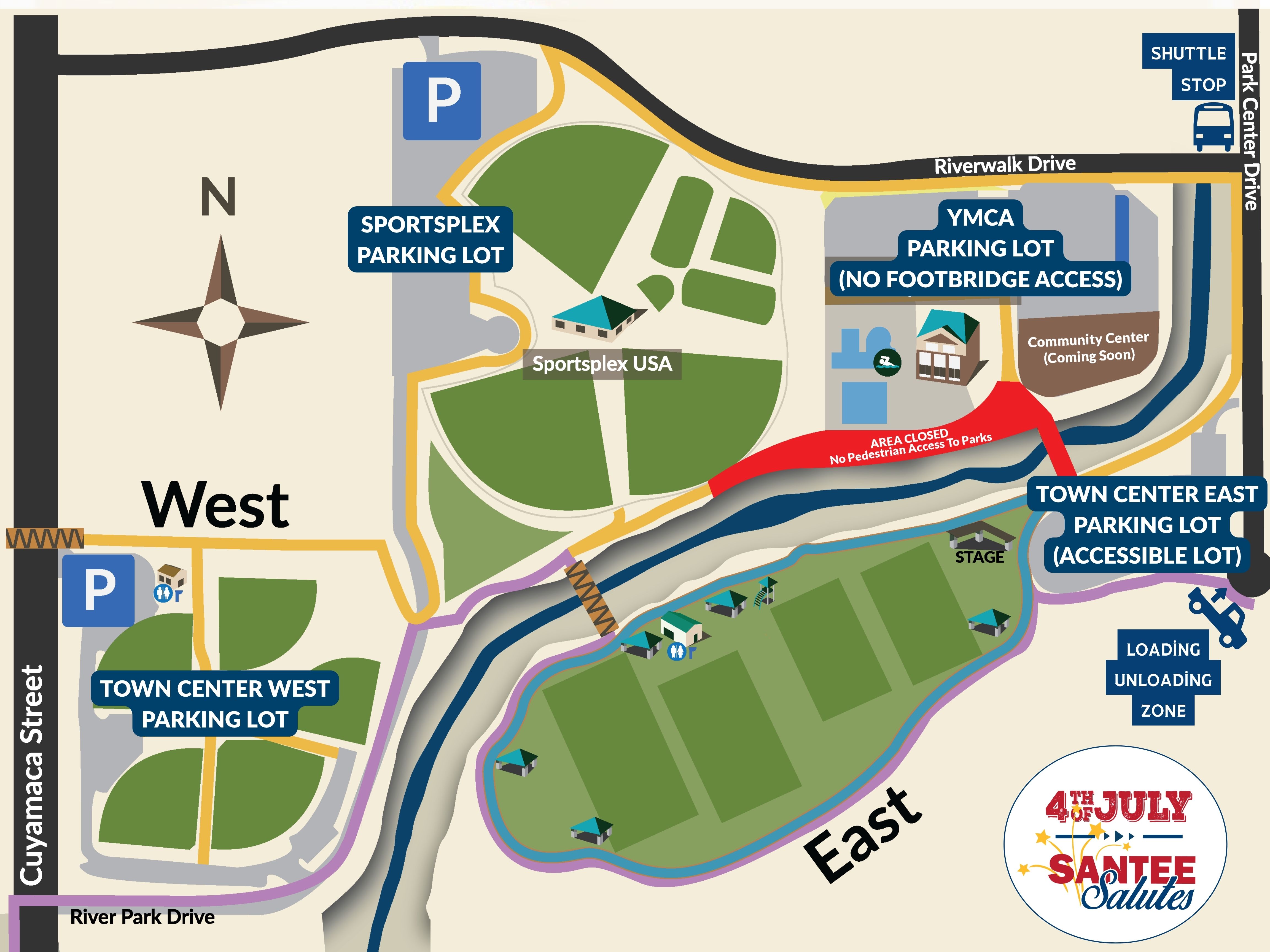 Town Center Community Park Parking Lots and Footbridge Closure Map