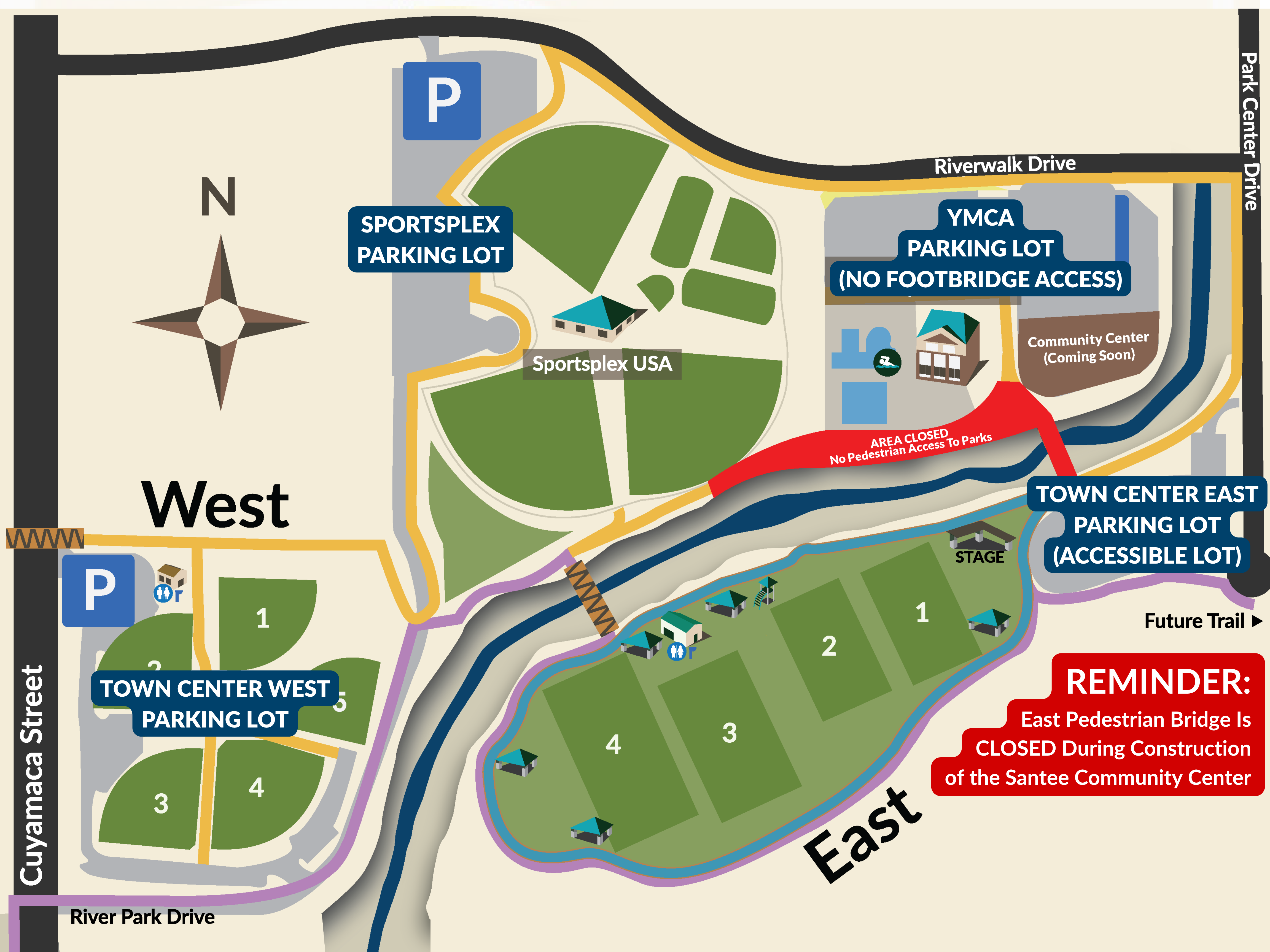 Town Center Community Park Parking Lots and Footbridge Closure Map